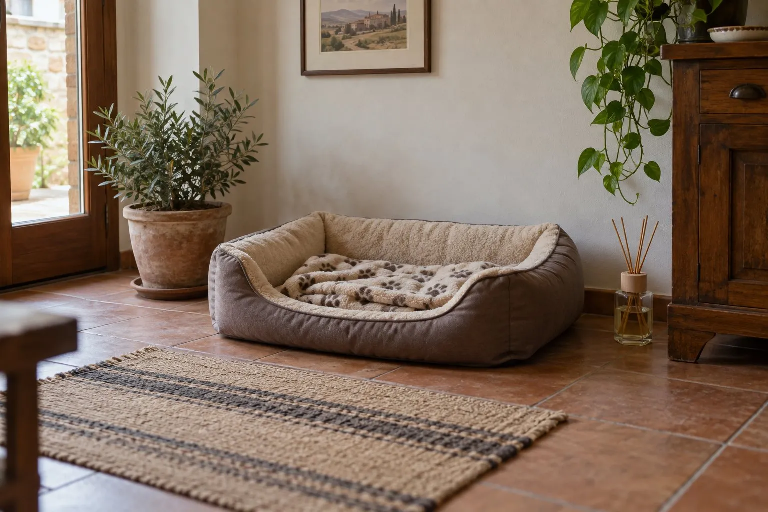 Cuccia imbottita con una coperta in un angolo tranquillo del soggiorno, accanto a una pianta