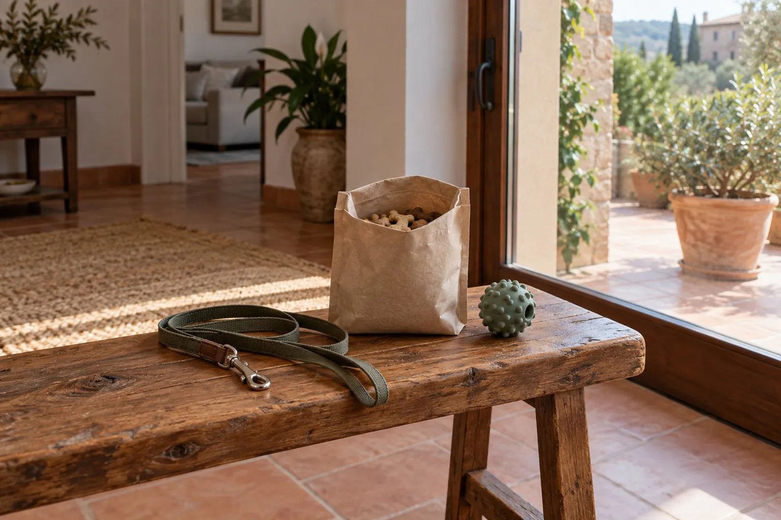 Guinzaglio, un sacchetto di premi e una pallina appoggiati su una panca di legno accanto alla porta finestra