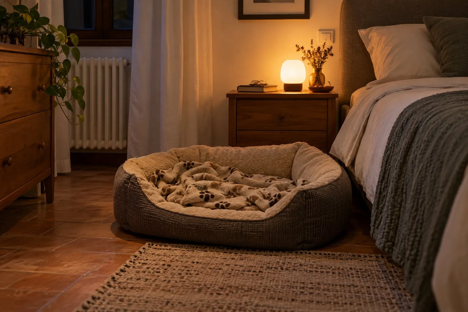 Cuccia imbottita accanto al letto, con la luce calda di una lampada sul comodino