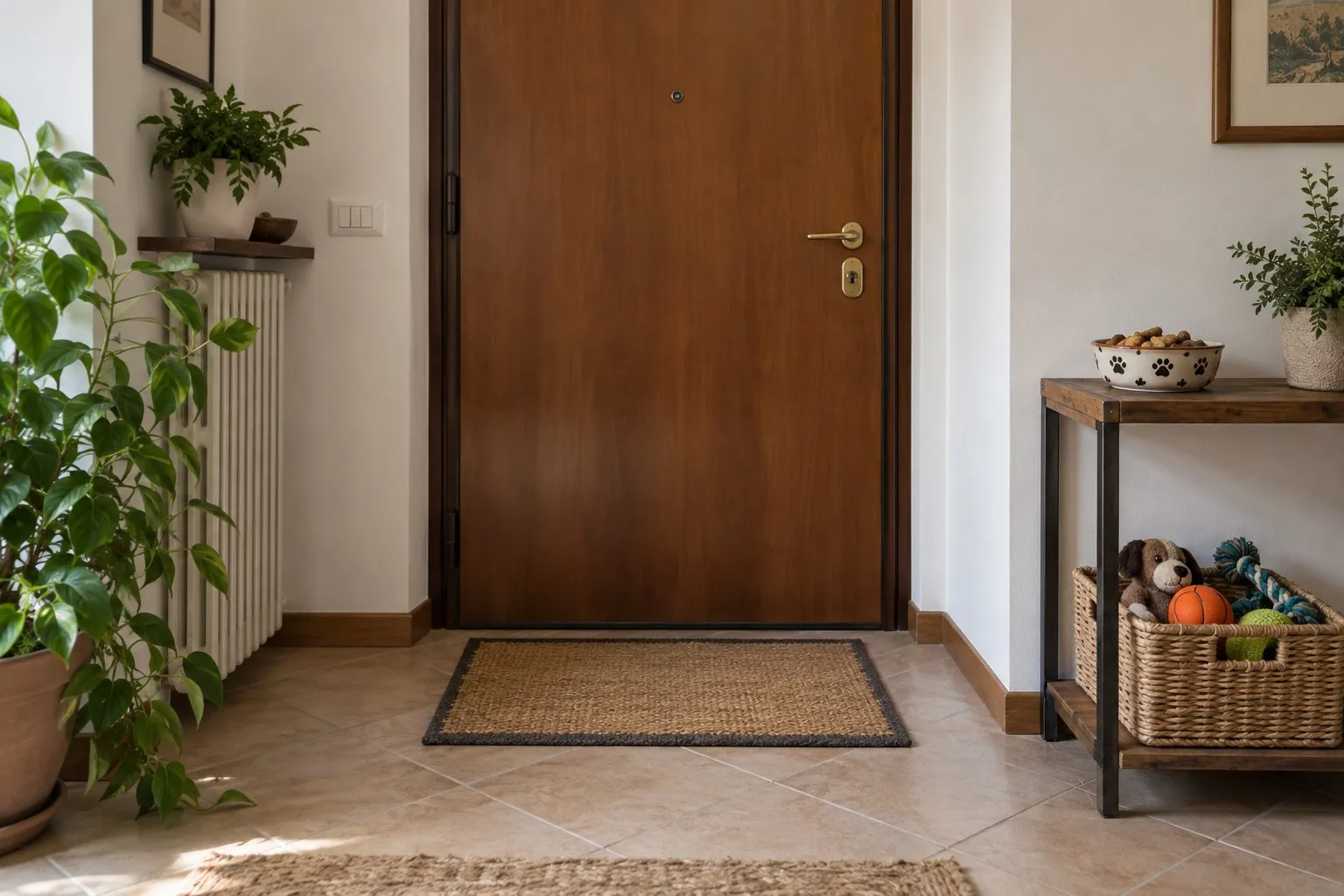 Ingresso di casa con la porta chiusa, uno zerbino e una ciotola di premi accanto a un cesto di giochi
