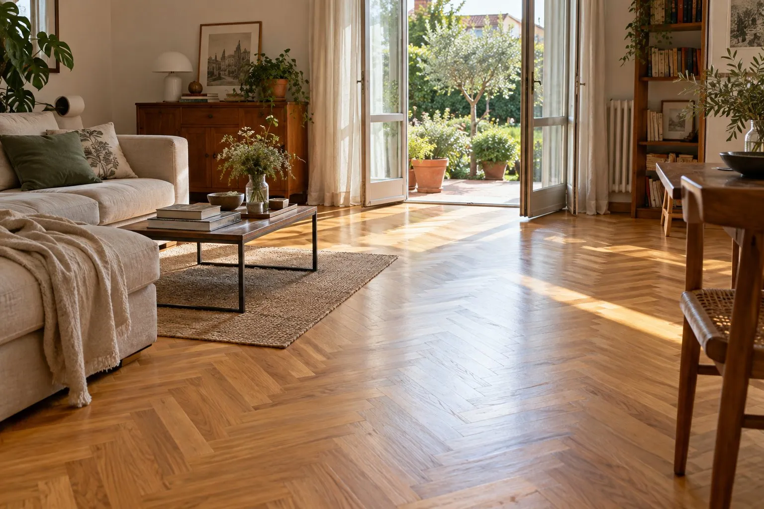 Soggiorno luminoso con il parquet pulito e la porta finestra aperta sul giardino