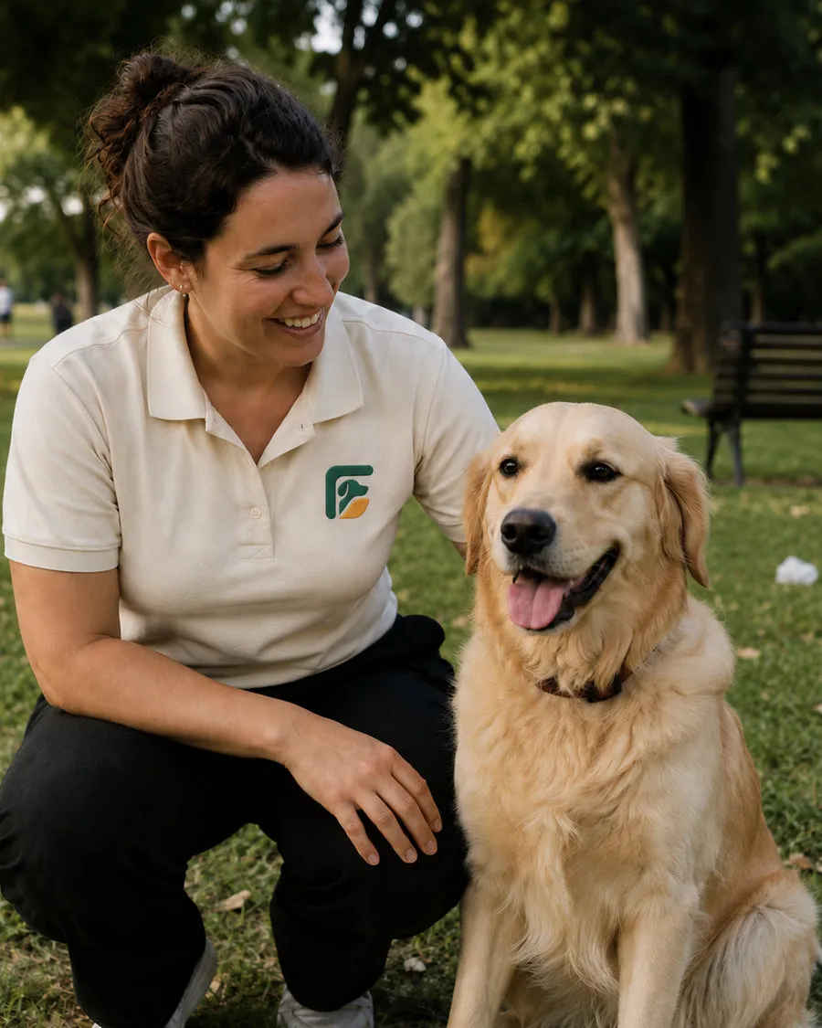 Educatrice cinofila accanto a un cane in un parco