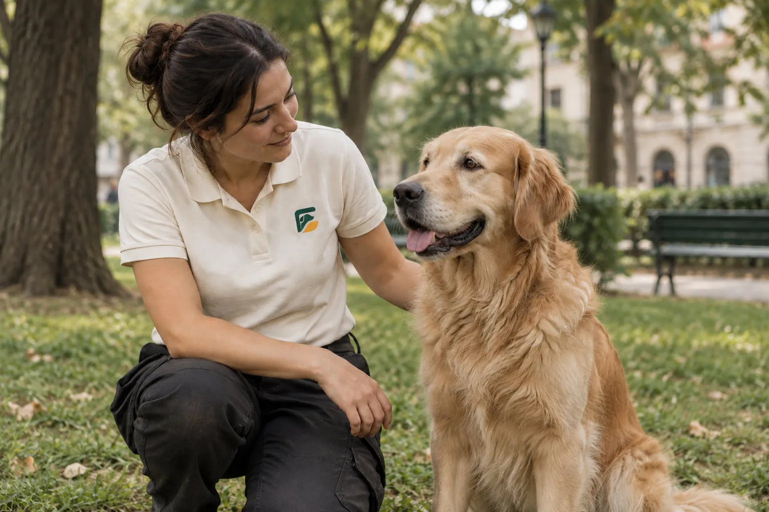 Educatrice cinofila Fidemy accovacciata accanto a un Golden Retriever seduto in un parco