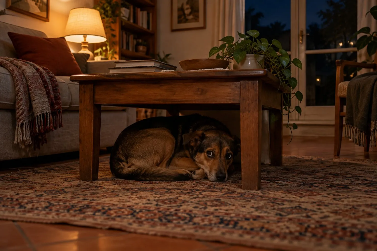 Cane rannicchiato sotto il tavolino del salotto di sera, con lo sguardo rivolto verso la stanza