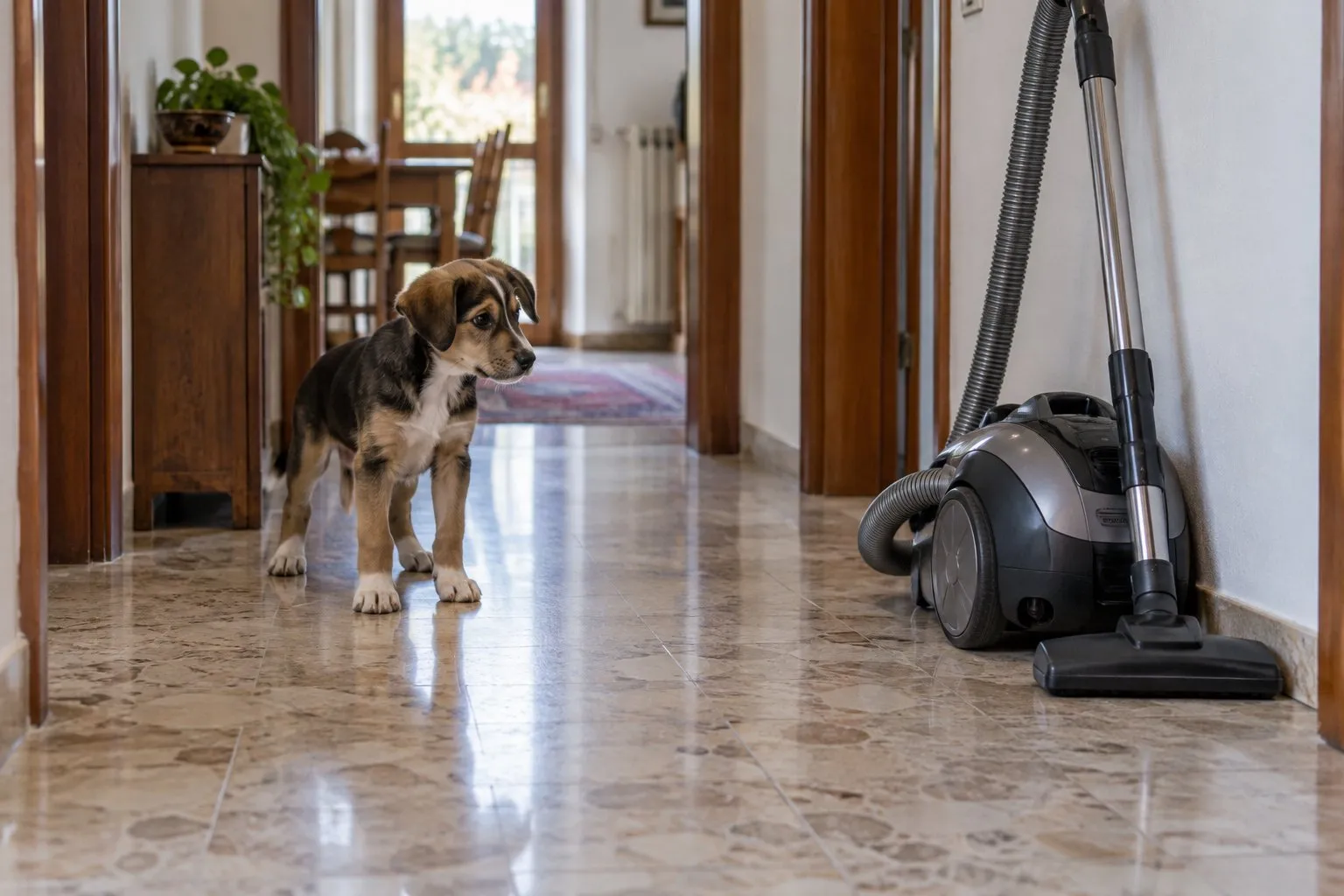 Cucciolo fermo nel corridoio di casa che guarda un aspirapolvere appoggiato alla parete