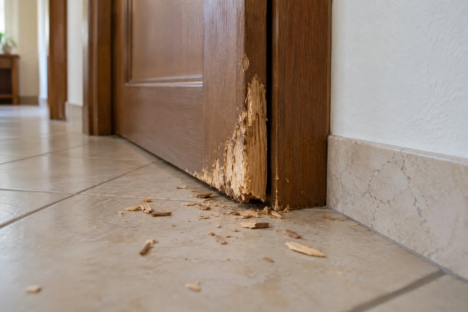 Stipite di una porta rosicchiato alla base, con i frammenti di legno sparsi sul pavimento