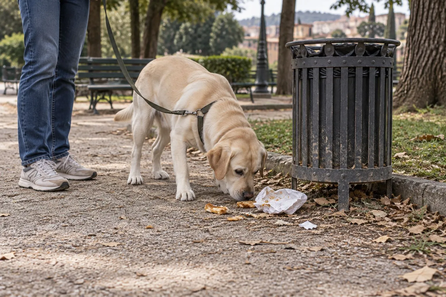 Labrador al guinzaglio che annusa avanzi di cibo sparsi a terra accanto a un cestino, nel vialetto di un parco