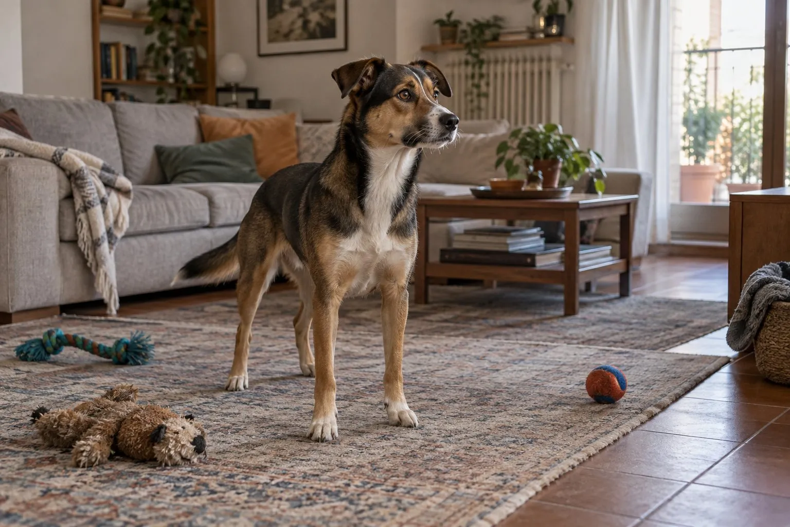 Cane in piedi e in allerta in mezzo al soggiorno, con i giochi sparsi sul tappeto