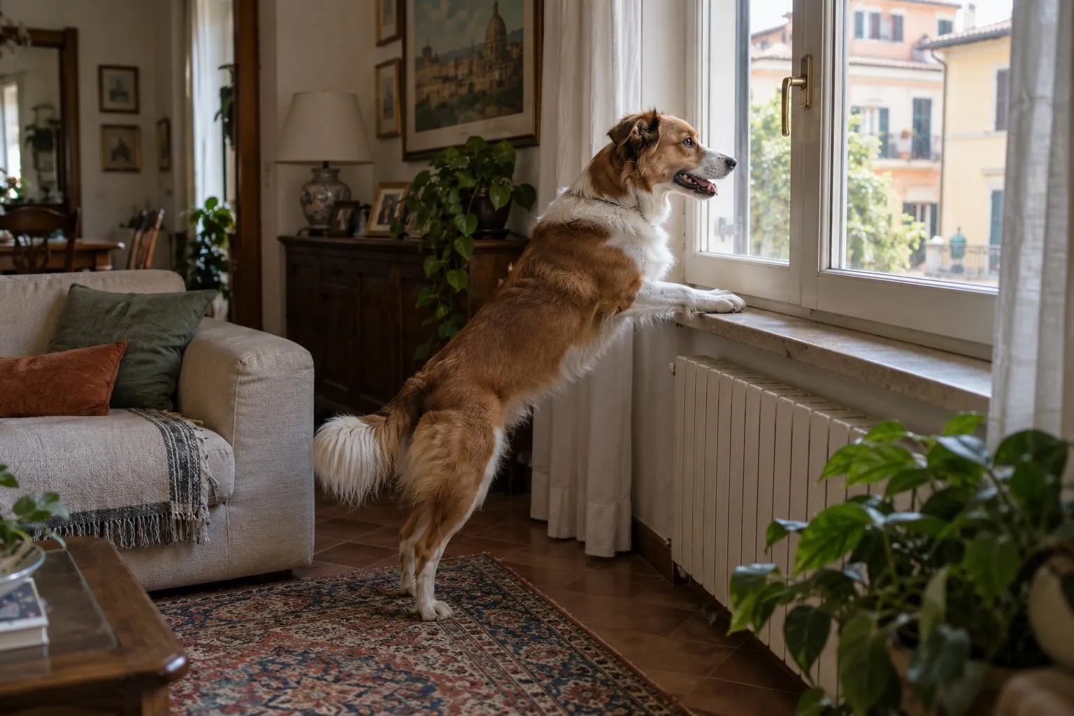 Cane in piedi sulle zampe posteriori che abbaia affacciato alla finestra del soggiorno