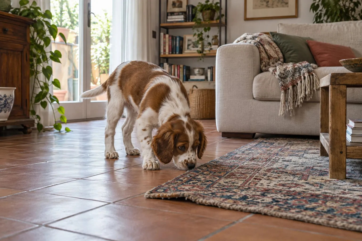 Cane che annusa il pavimento del soggiorno vicino al bordo del tappeto