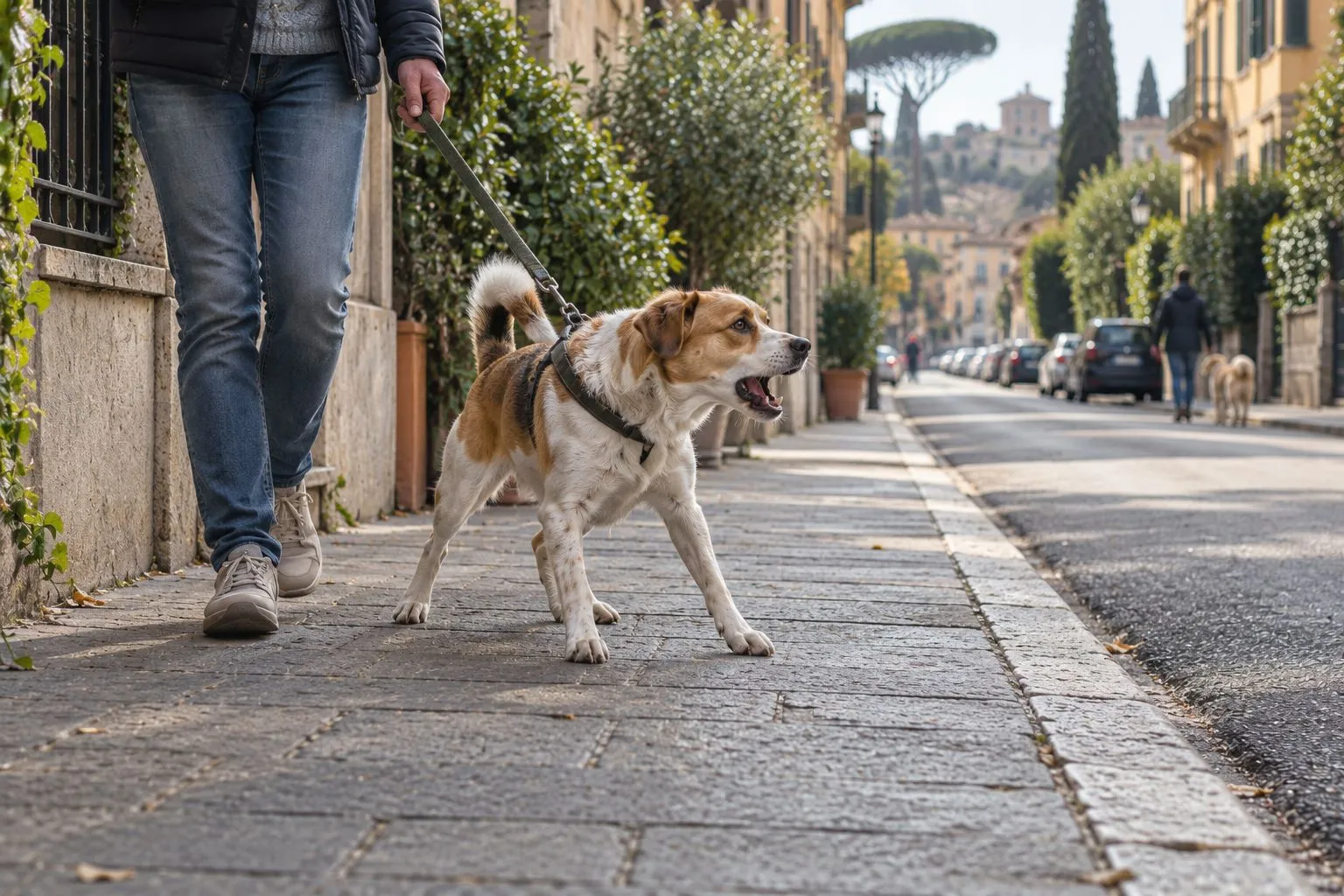 Cane al guinzaglio che abbaia e si sporge verso un altro cane in fondo al marciapiede